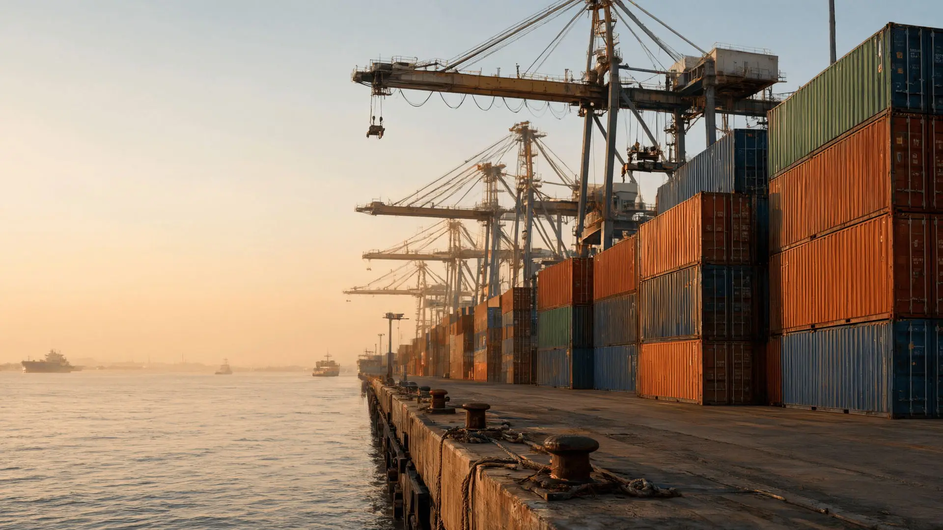 Container terminal in late afternoon: stacked containers and gantry cranes along the quay on the right, open water on the left.