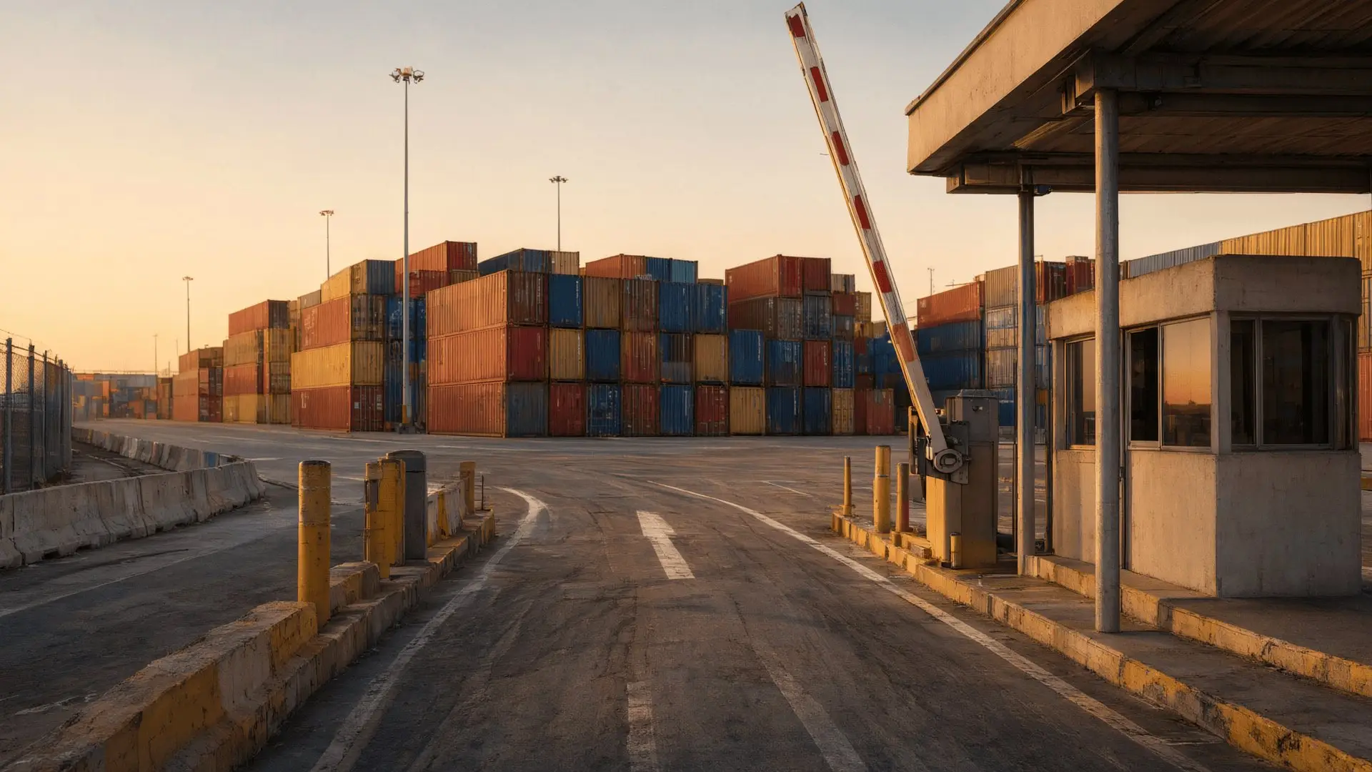 La puerta de una terminal de contenedores al atardecer, con la barrera levantada y contenedores apilados detrás