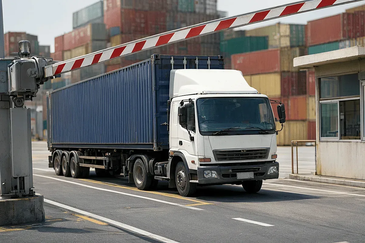 A container truck rolling out of a terminal gate under a raised barrier arm