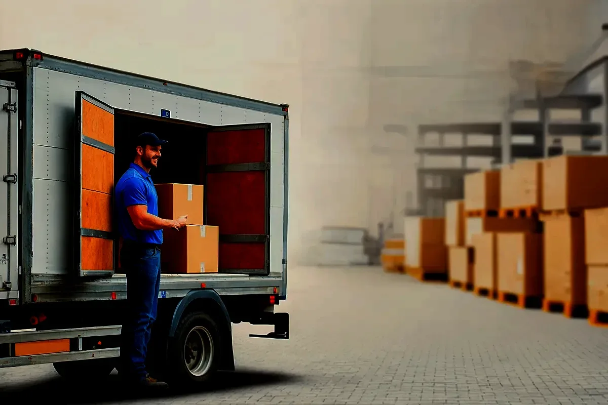 A driver holding cartons beside a box truck with its rear doors open