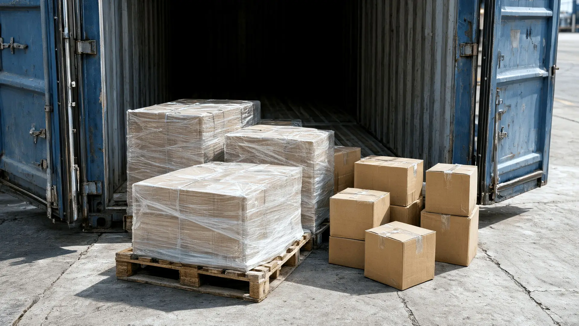 An open container door at a loading dock with wrapped pallets and cartons staged on the concrete outside.