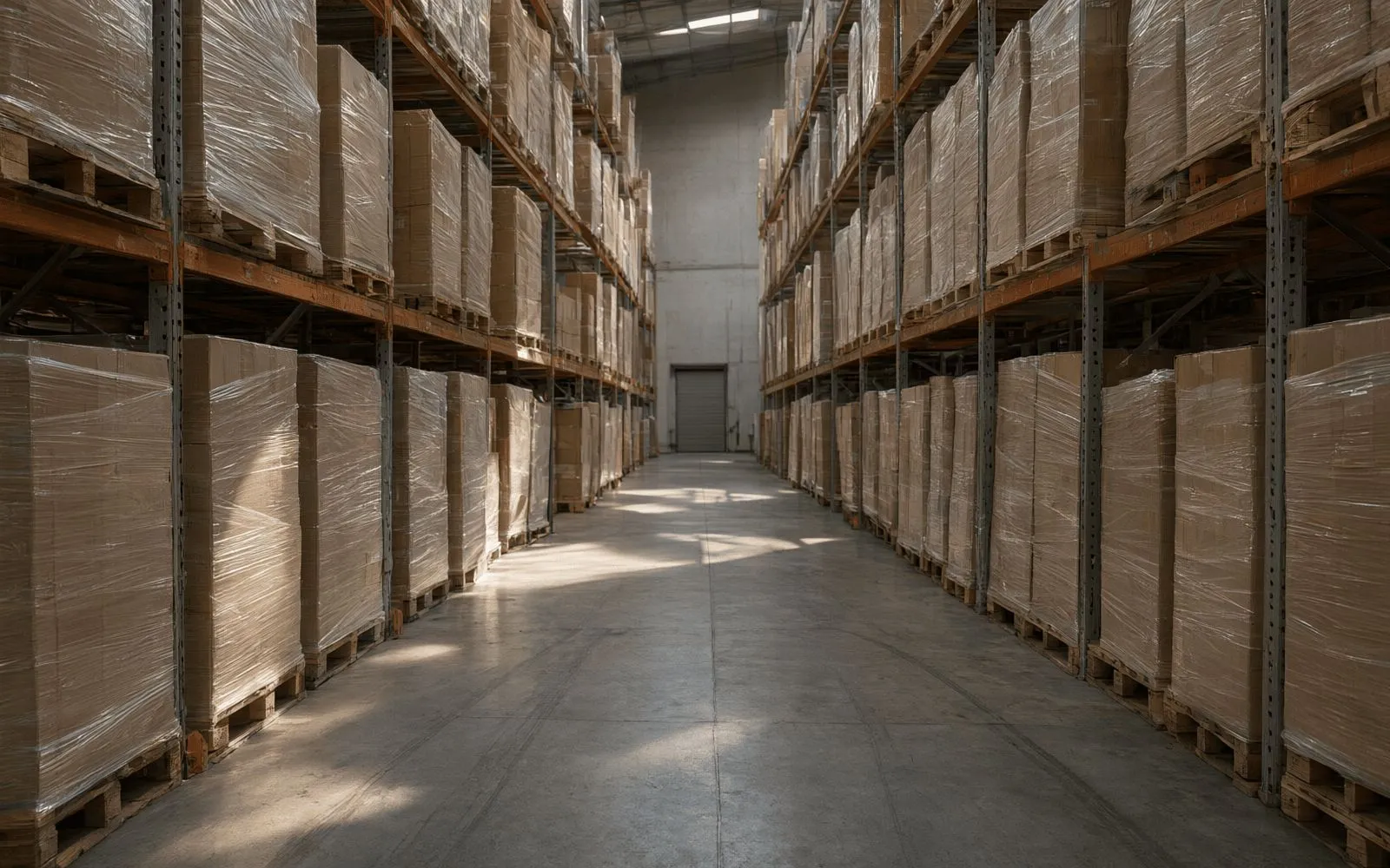 Wrapped pallets of cartons along an aisle of a cargo consolidation warehouse.