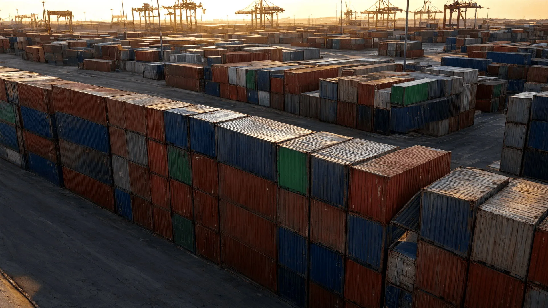 Rows of stacked shipping containers at a terminal yard in late afternoon light.