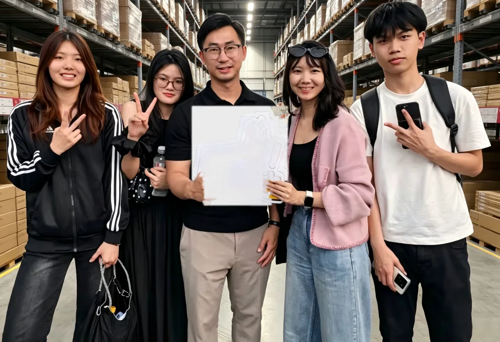 Cinco colegas del equipo de operaciones de Shenzhen de pie en el pasillo de un almacén, entre estanterías de palés cargadas de cajas