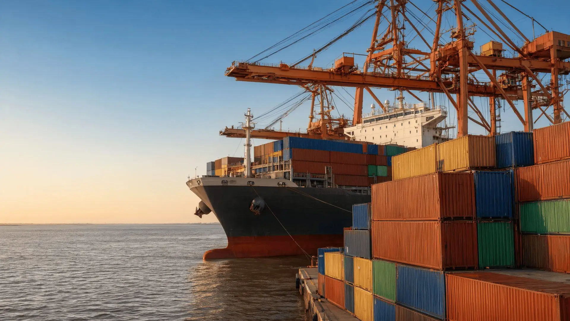 Un buque portacontenedores atracado en una terminal al atardecer, con las grúas pórtico en silueta sobre un cielo azul profundo
